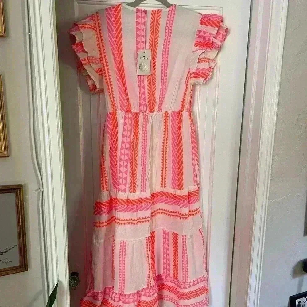 NEW Italian summer dress wedding guest holidaydress neon pink orange onesize (M) - Picture 4 of 5